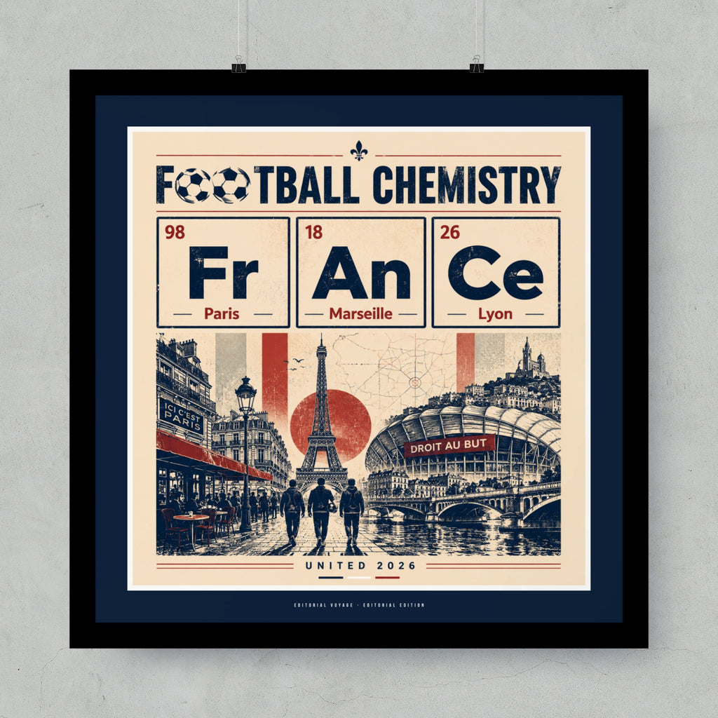 Football Chemistry poster with Paris, Marseille, Lyon icons and soccer stadium.