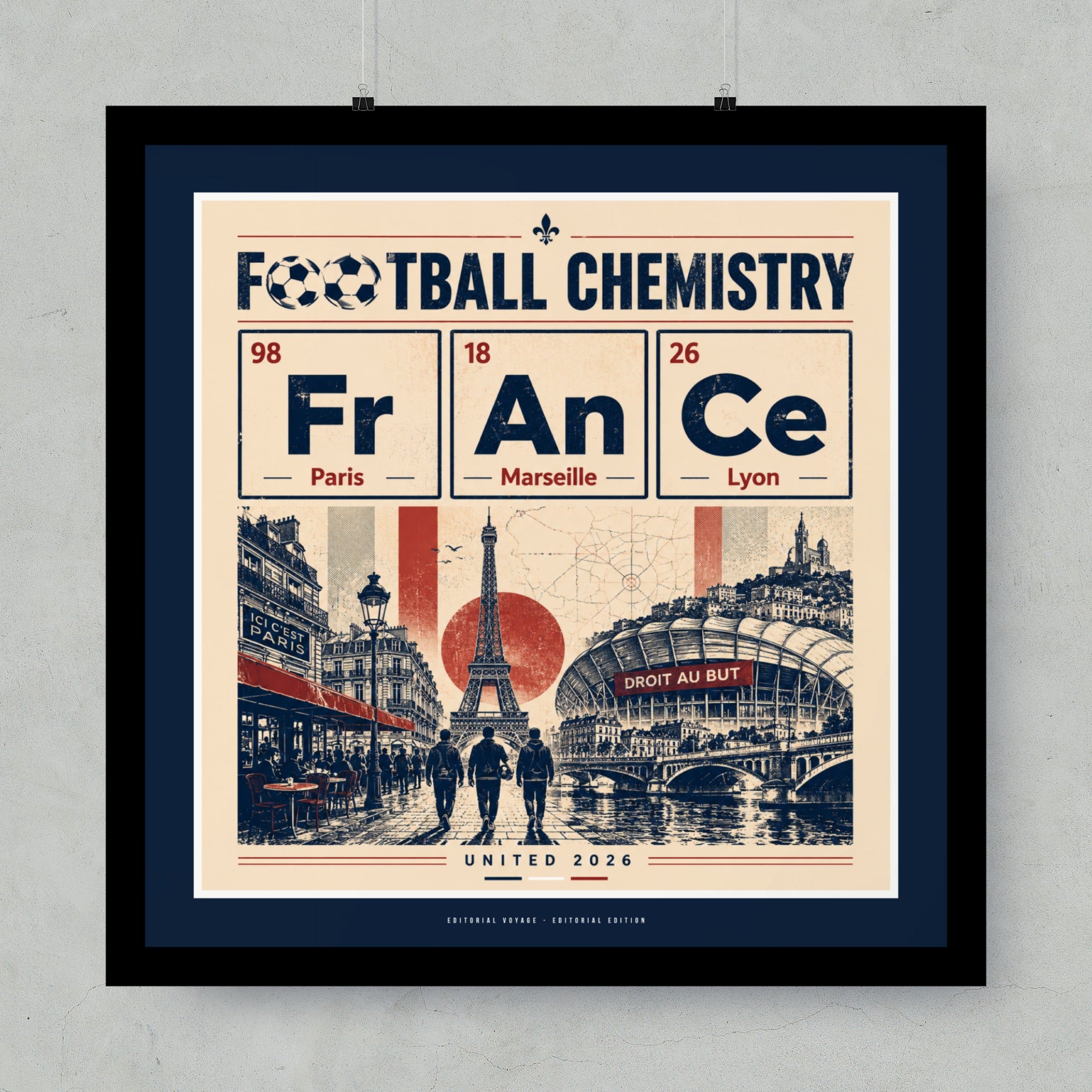 Football Chemistry poster with Paris, Marseille, Lyon icons and soccer stadium.