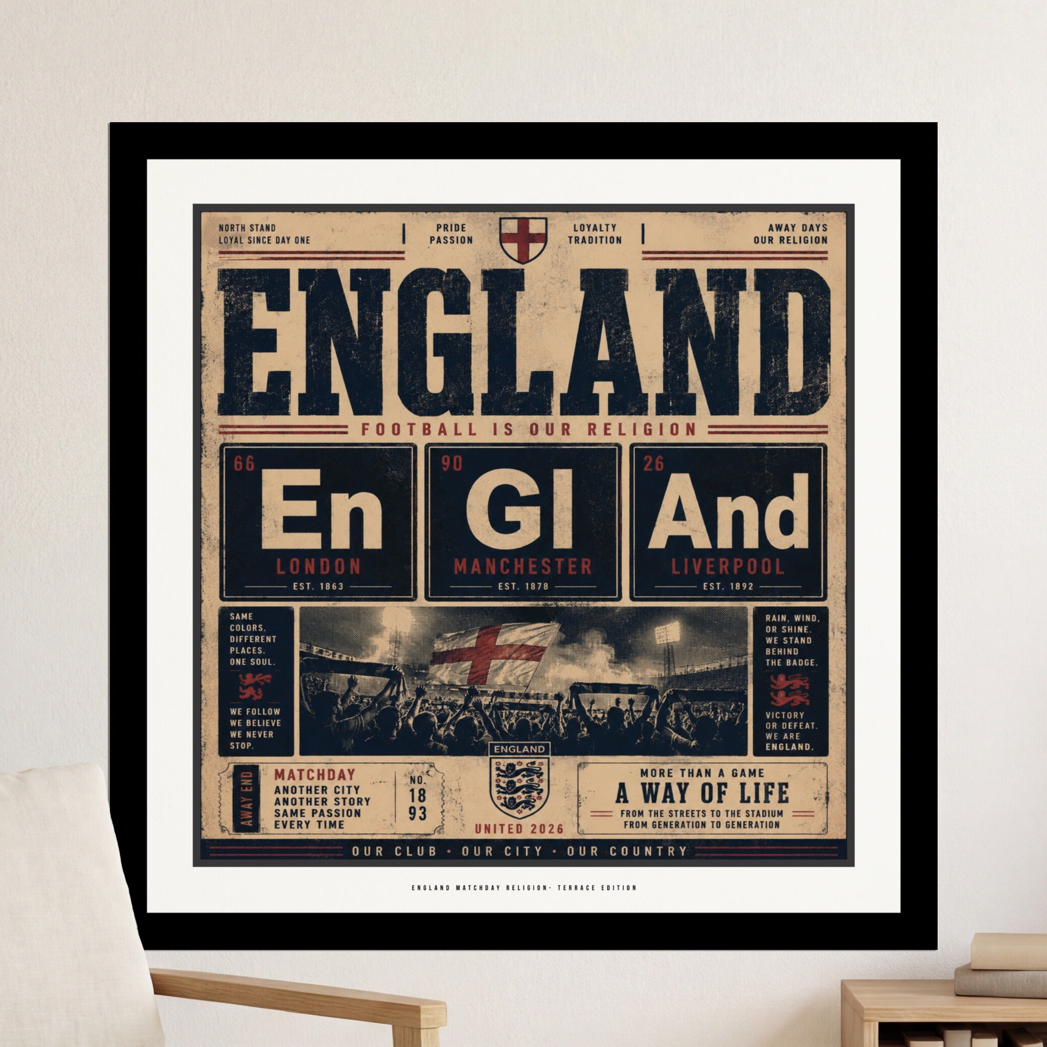 England football team poster with elemental symbols and city names.