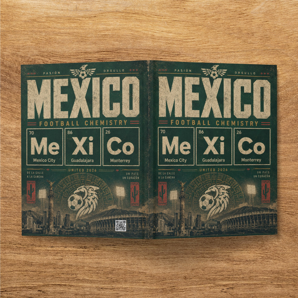 Mexico national football team crest and "Mexico" text with football chemistry design.
