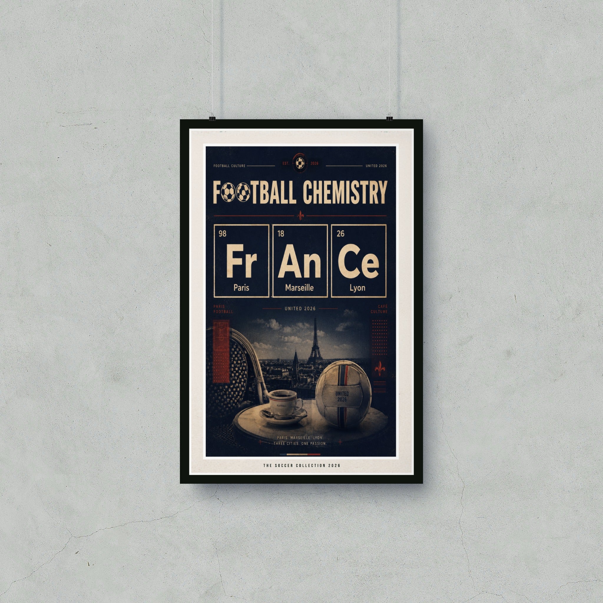 Football Chemistry poster for United 2026 collection with city names and numbers.