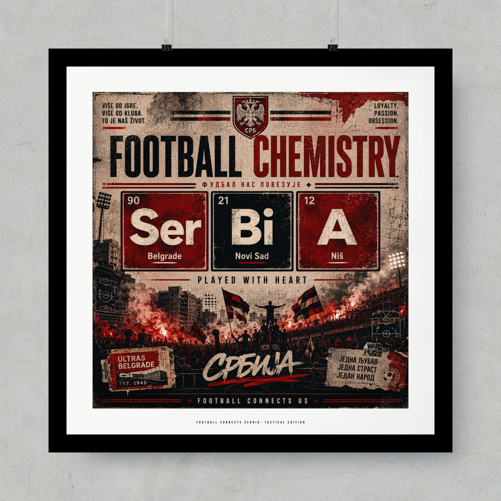 Football Chemistry tactical edition poster with Serbian flag and periodic table elements Ser, Bi, A.