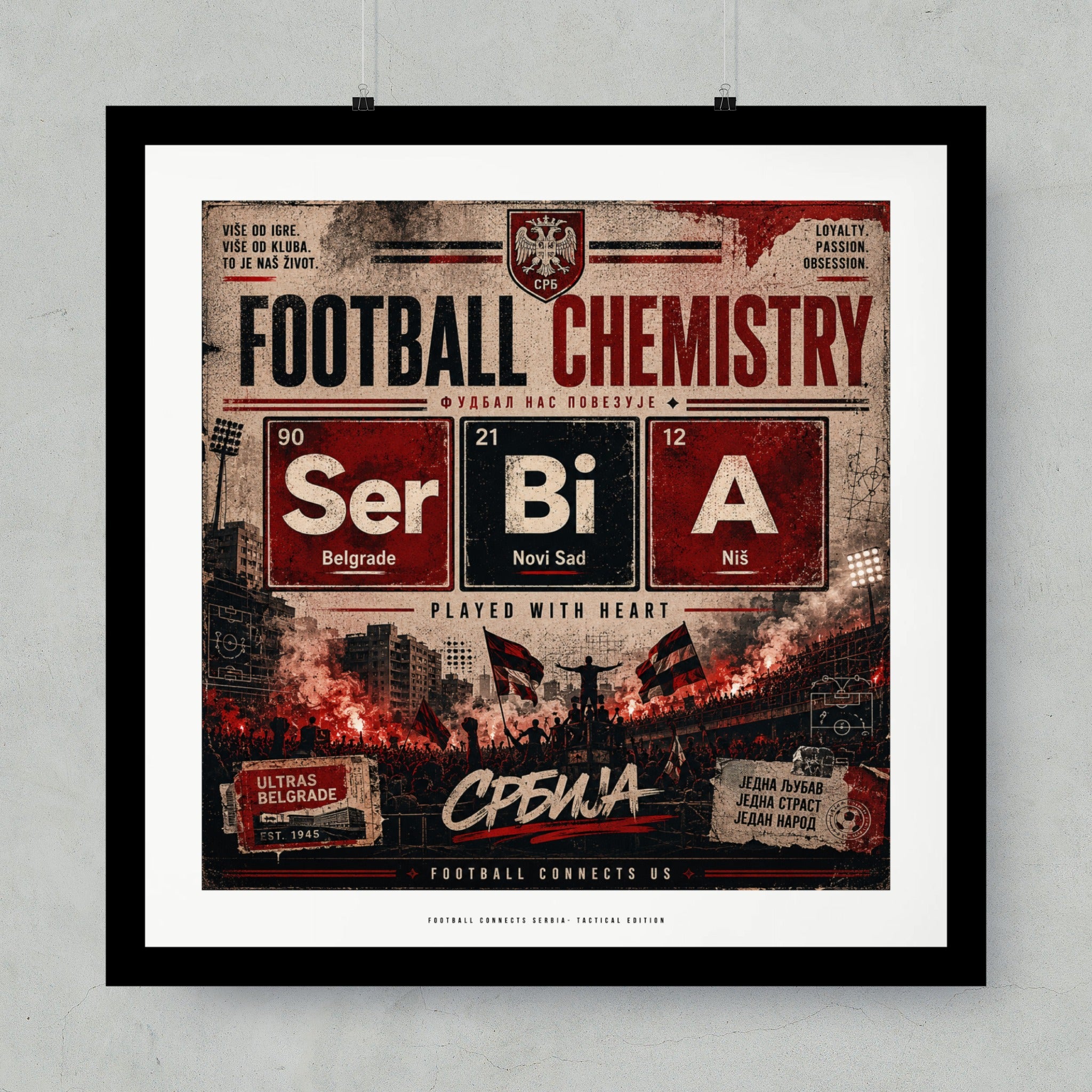 Football Chemistry tactical edition poster with Serbian flag and periodic table elements Ser, Bi, A.