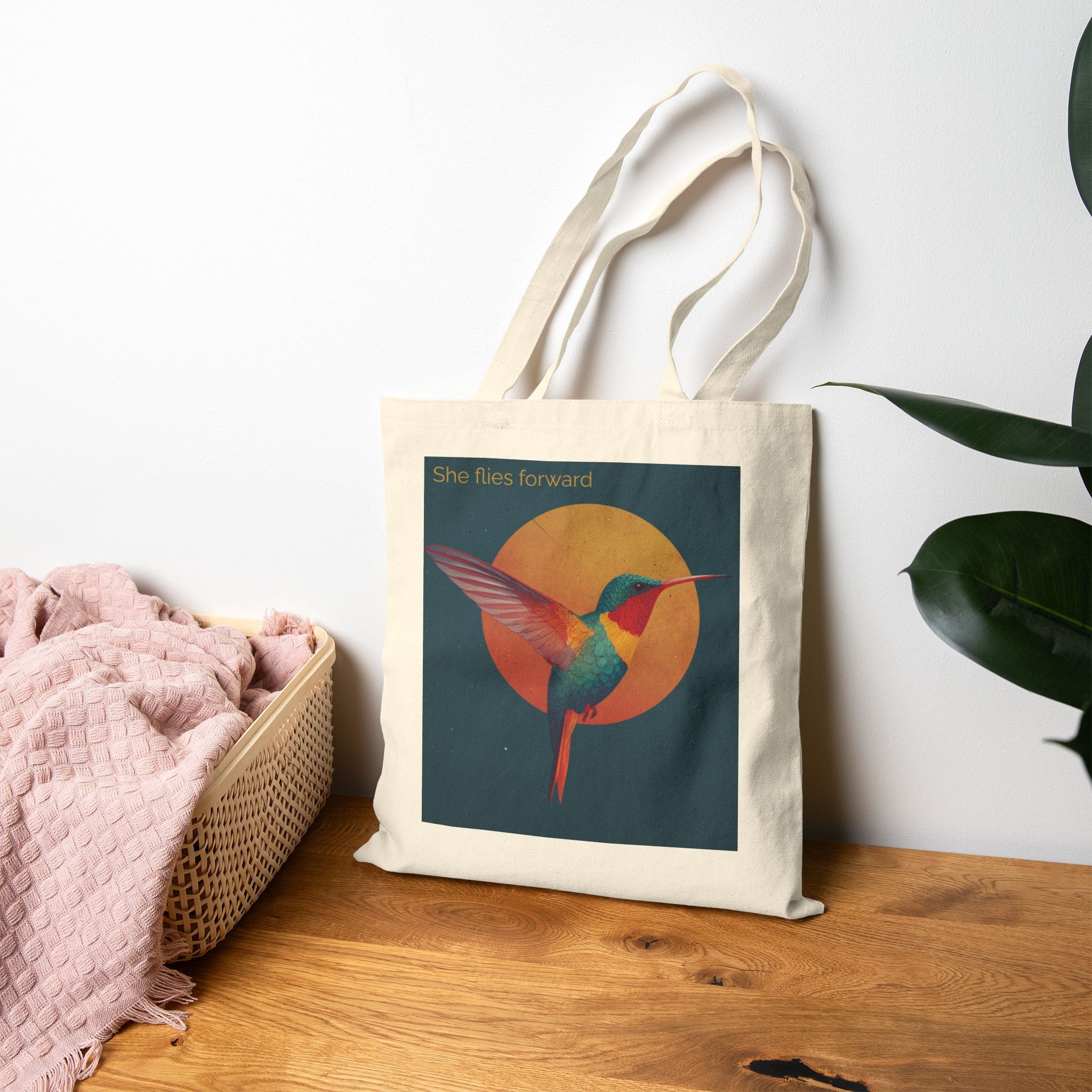 She Flies Forward Cotton Tote Bag | Motivational Graphic Solar Flight