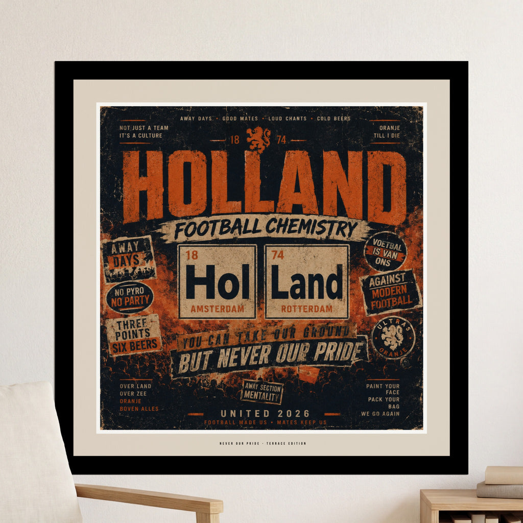 Holland Football Chemistry poster with Amsterdam and Rotterdam cities and slogans.