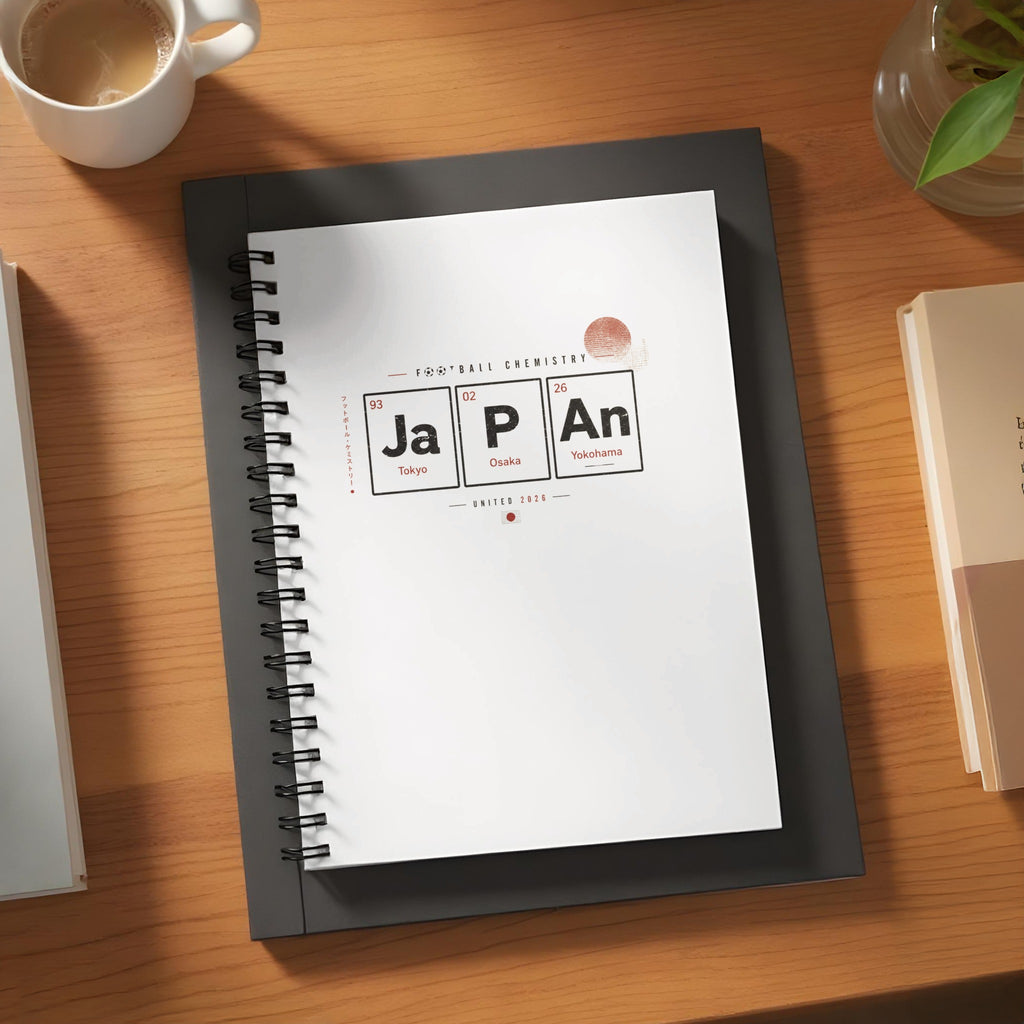 Notebook cover with "FOOTBALL CHEMISTRY" and "Japan" elemental symbols, cities, and date.