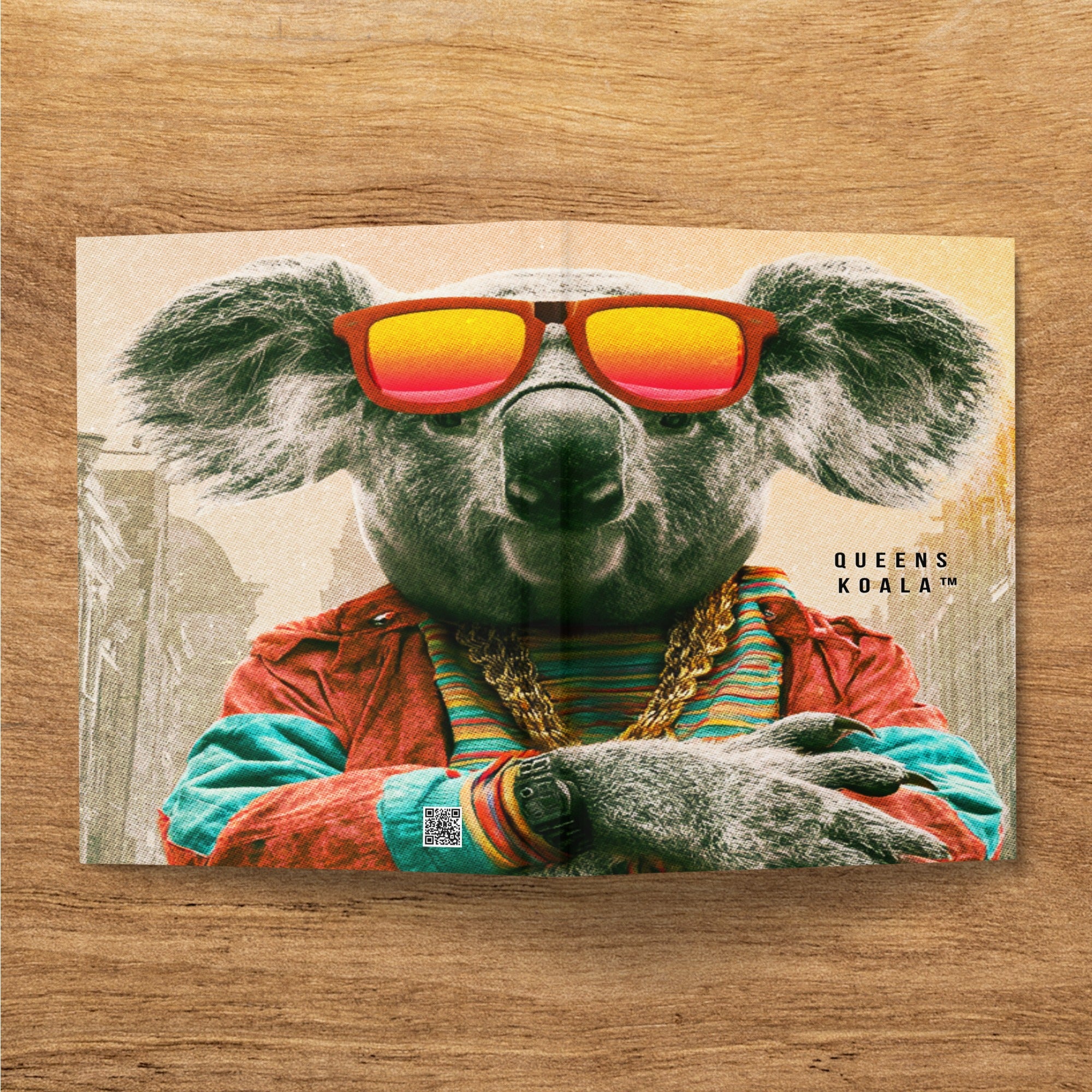 Koala wearing sunglasses and jewelry, with "QUEENS KOALA" text.