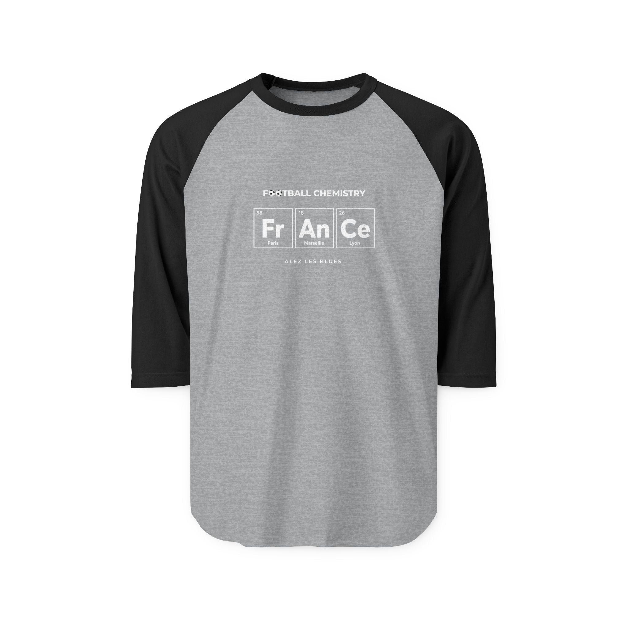 Baseball raglan t-shirt with "Football Chemistry" and "Fr An Ce" design.