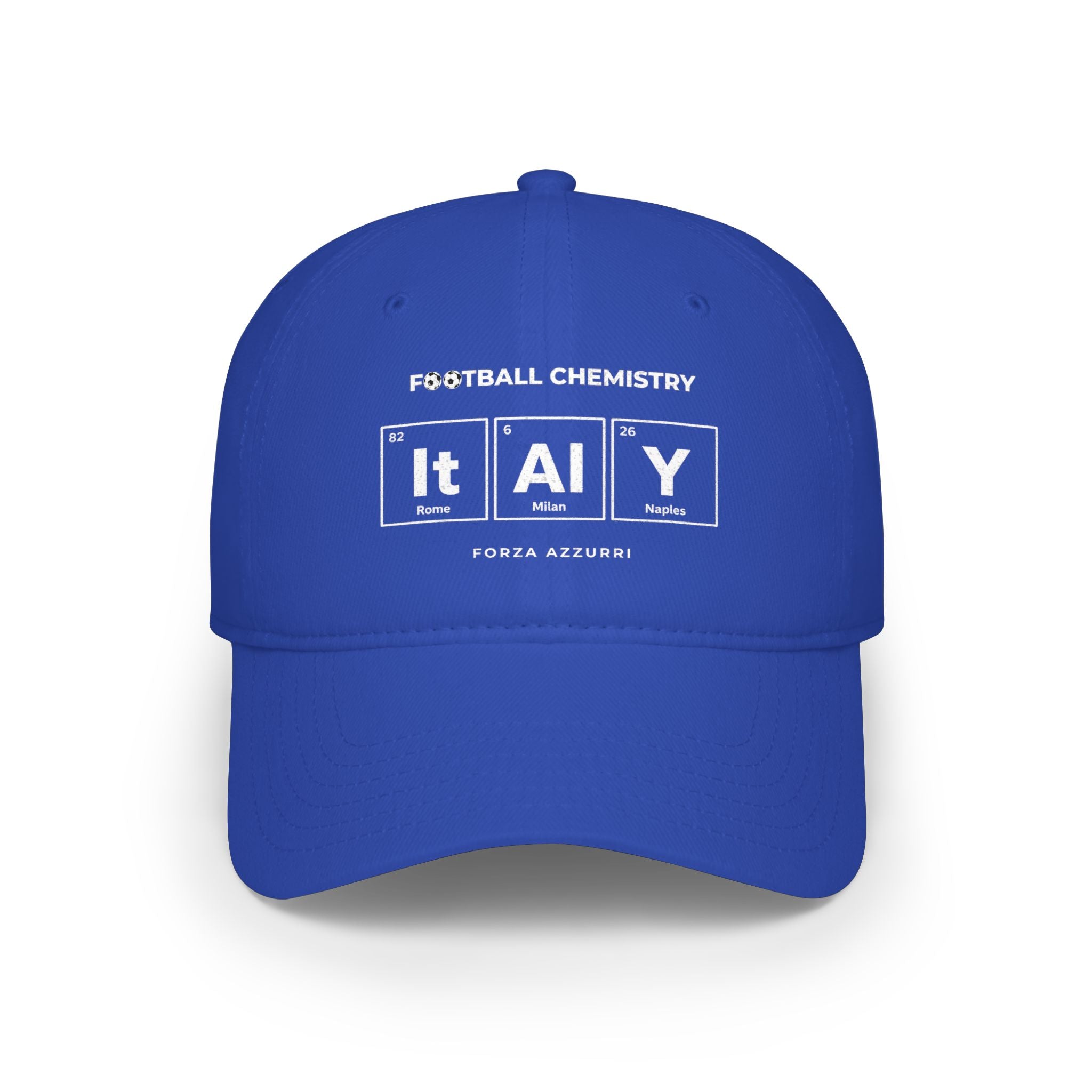 Blue baseball cap with "FOOTBALL CHEMISTRY" and periodic table element design for Italy.