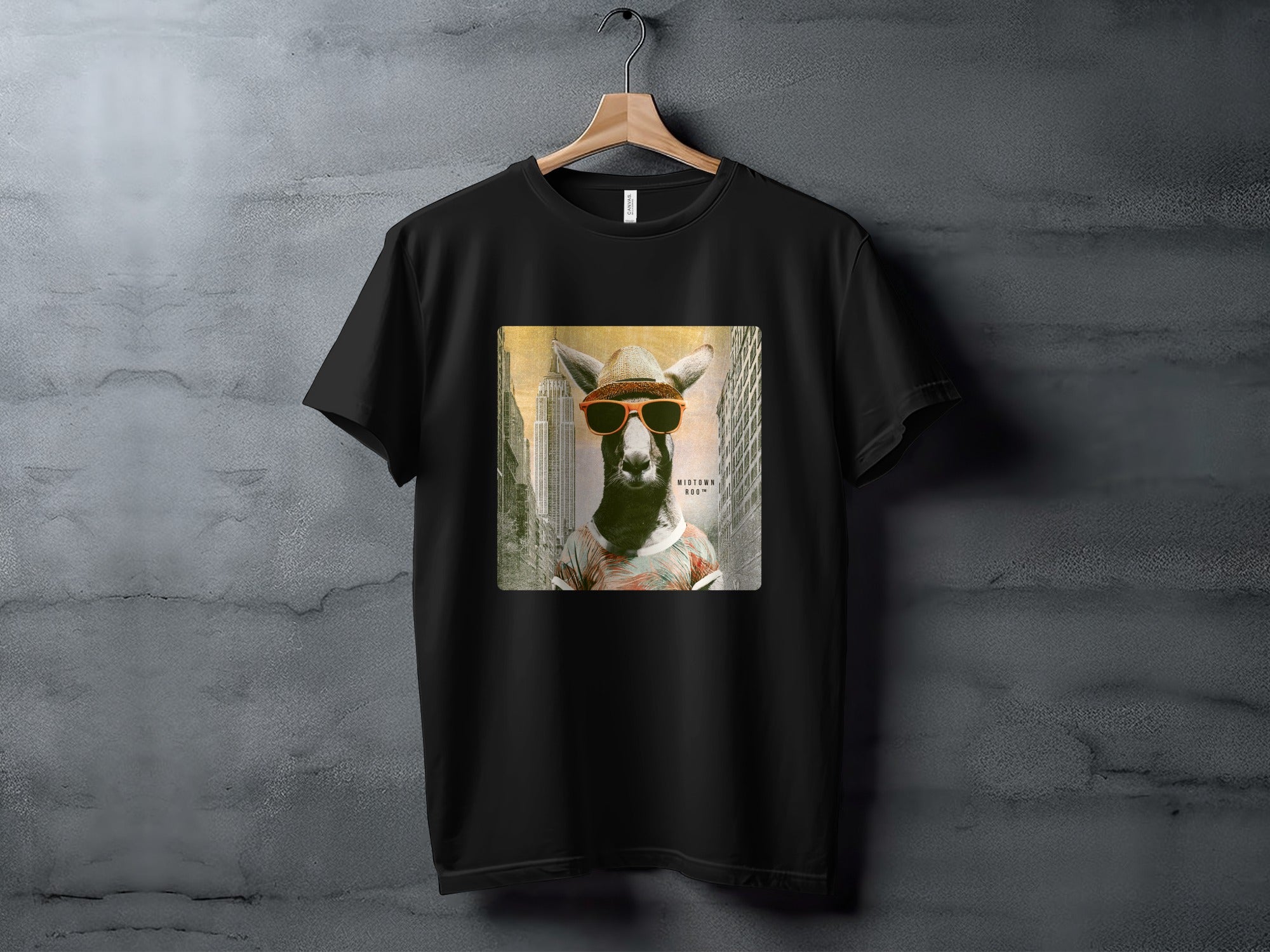 T-shirt featuring a kangaroo wearing sunglasses and a shirt, with a cityscape background.