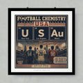 Football Chemistry USA poster featuring New York, Los Angeles, and Miami stadiums.