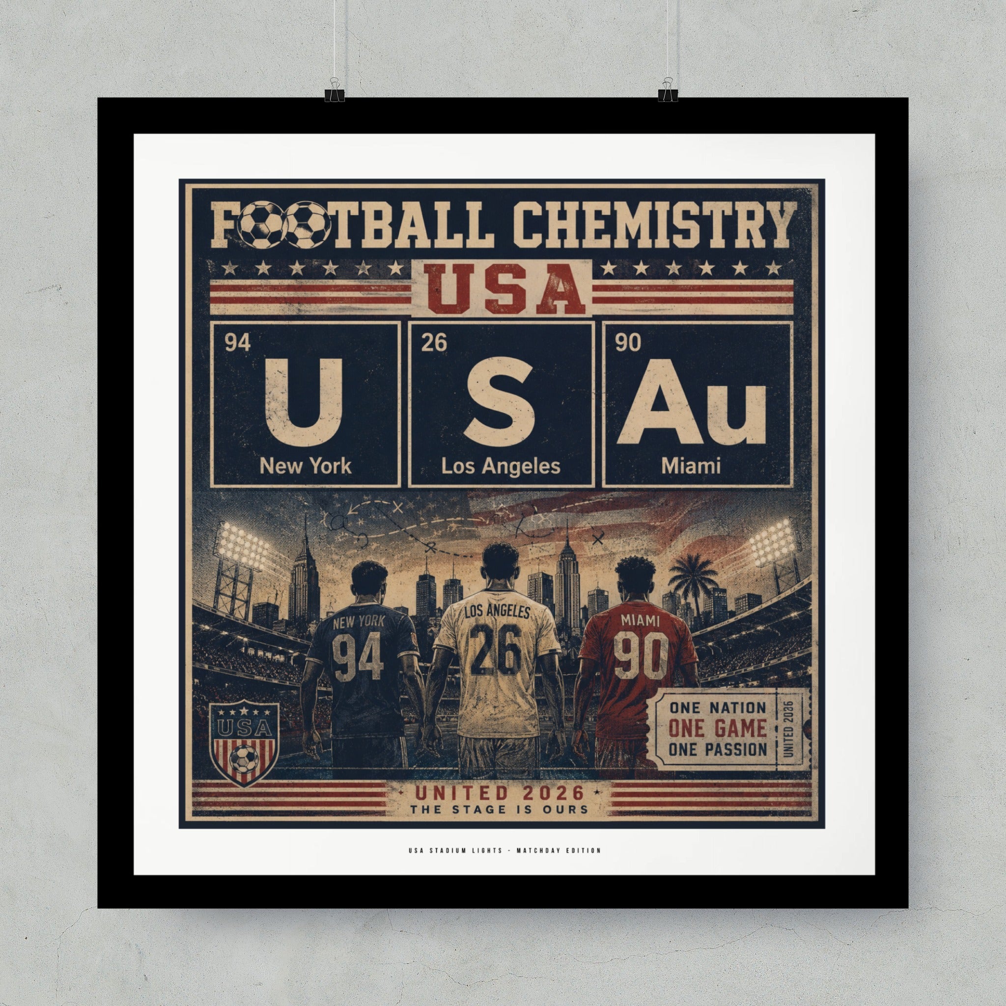 Football Chemistry USA poster featuring New York, Los Angeles, and Miami stadiums.