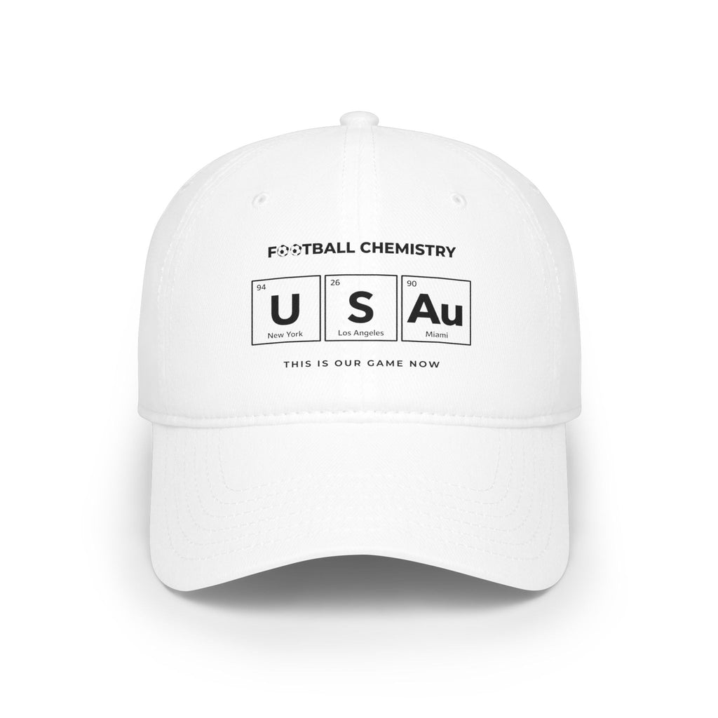 White baseball cap with "FOOTBALL CHEMISTRY" and periodic table elements for US and Au.