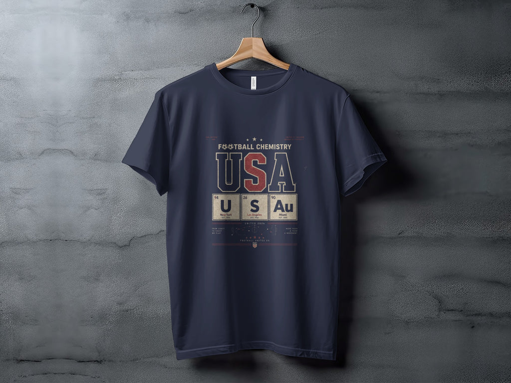Navy t-shirt with "Football Chemistry USA" and periodic table elements.