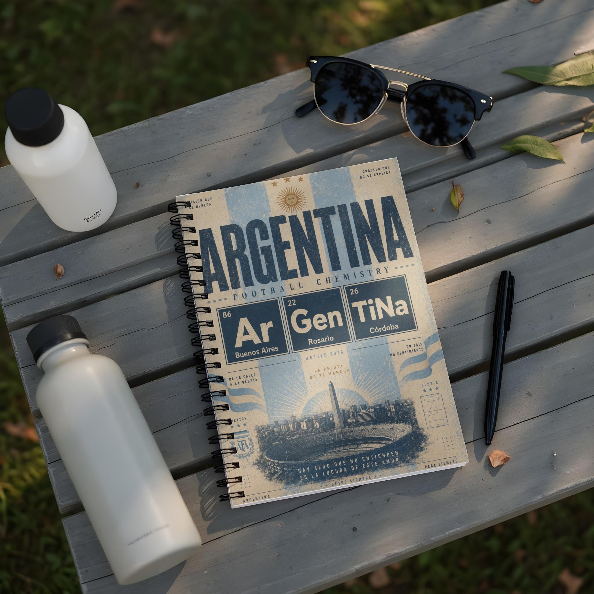 Argentina Football Chemistry notebook cover with star design and city names.