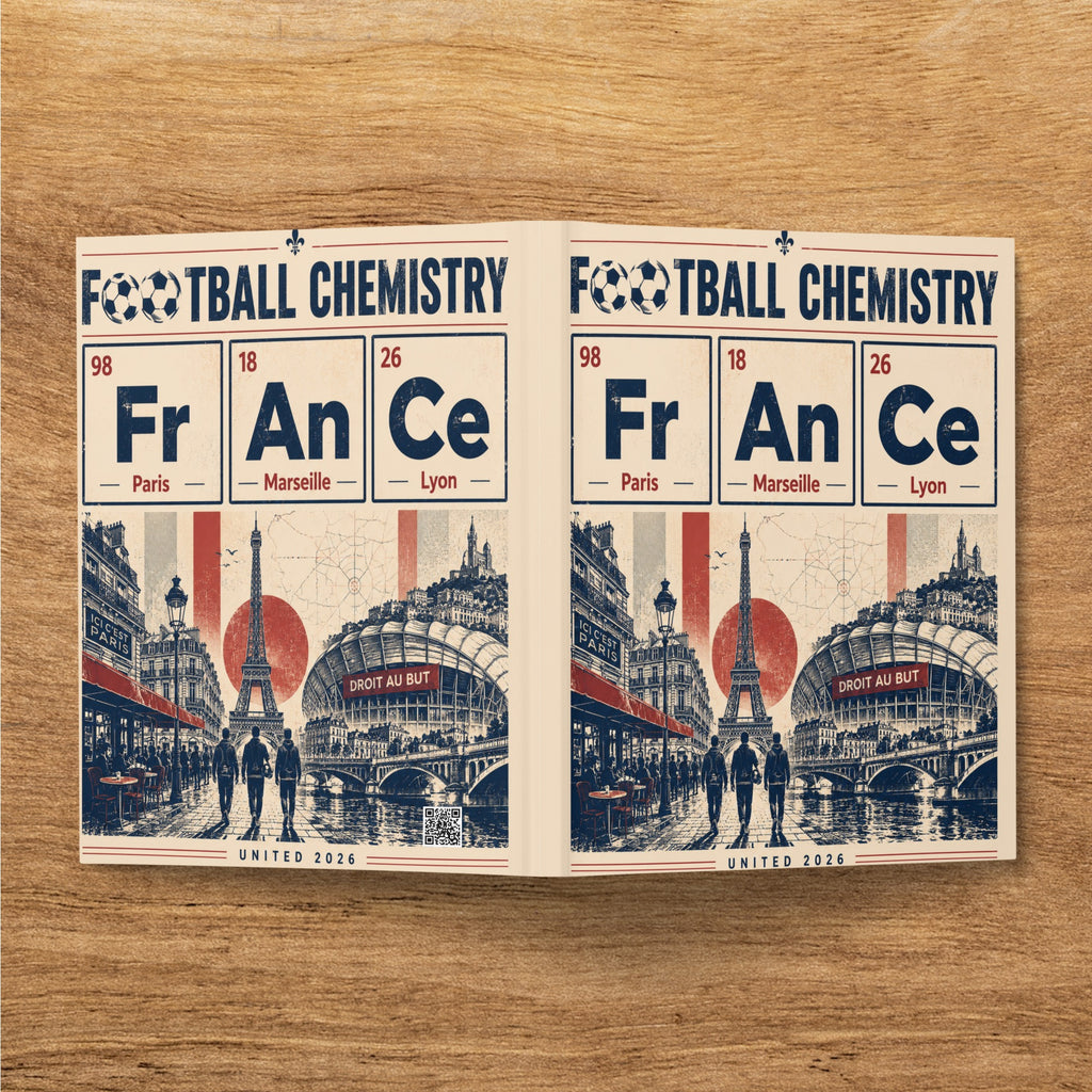 Football Chemistry design with Paris landmarks, chemical element style typography, and event details.
