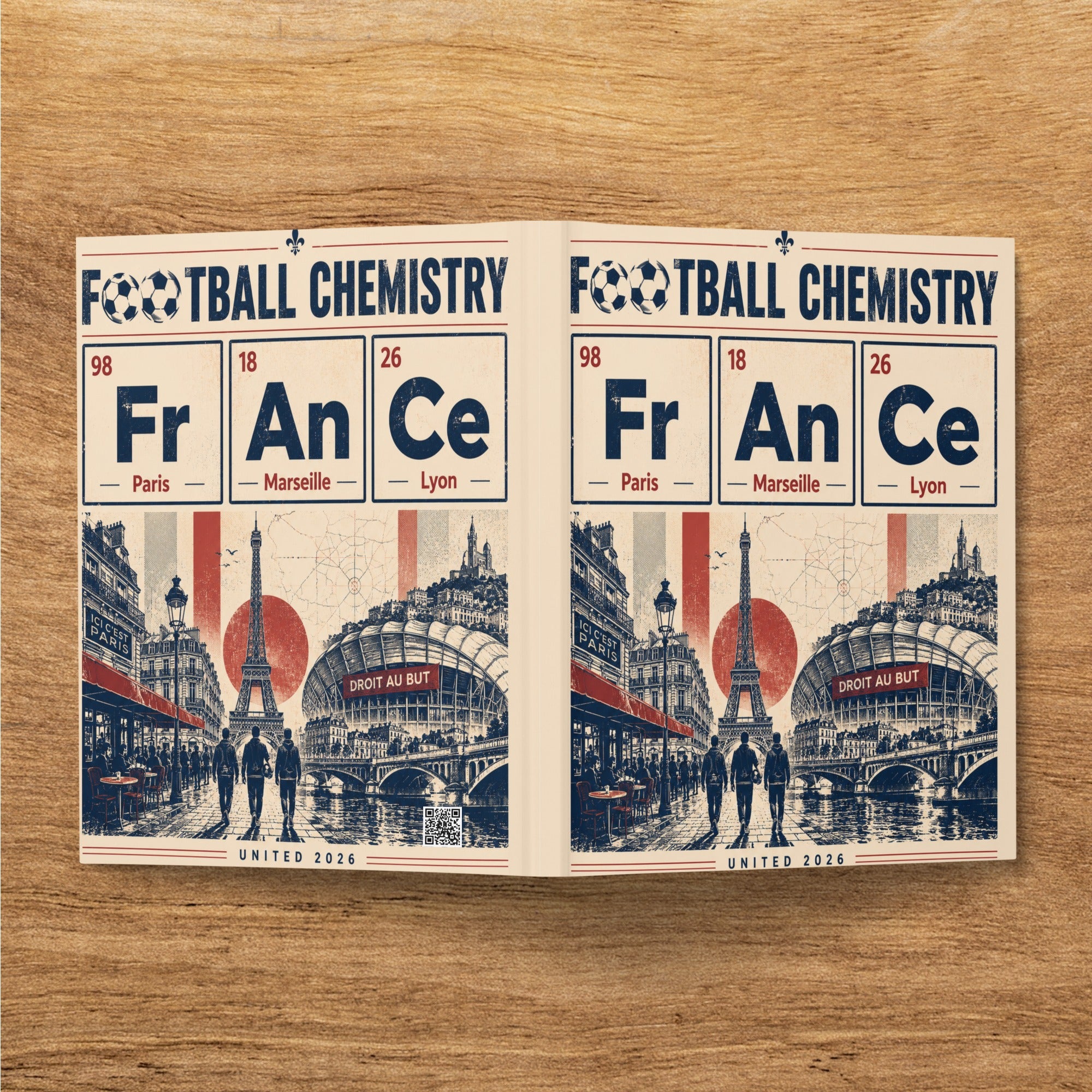 Football Chemistry design with Paris landmarks, chemical element style typography, and event details.