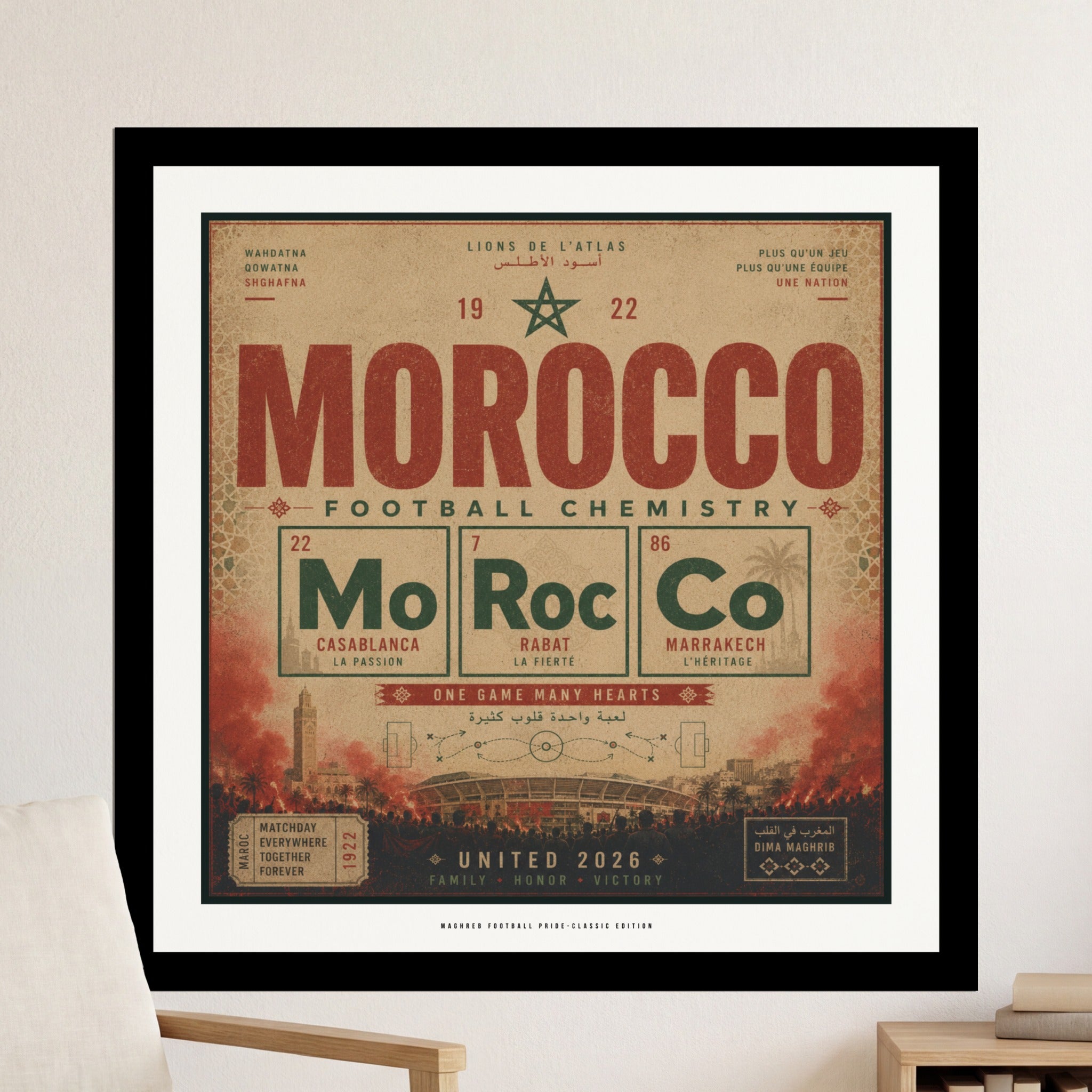 Morocco Football Chemistry graphic with team details and stadium imagery.