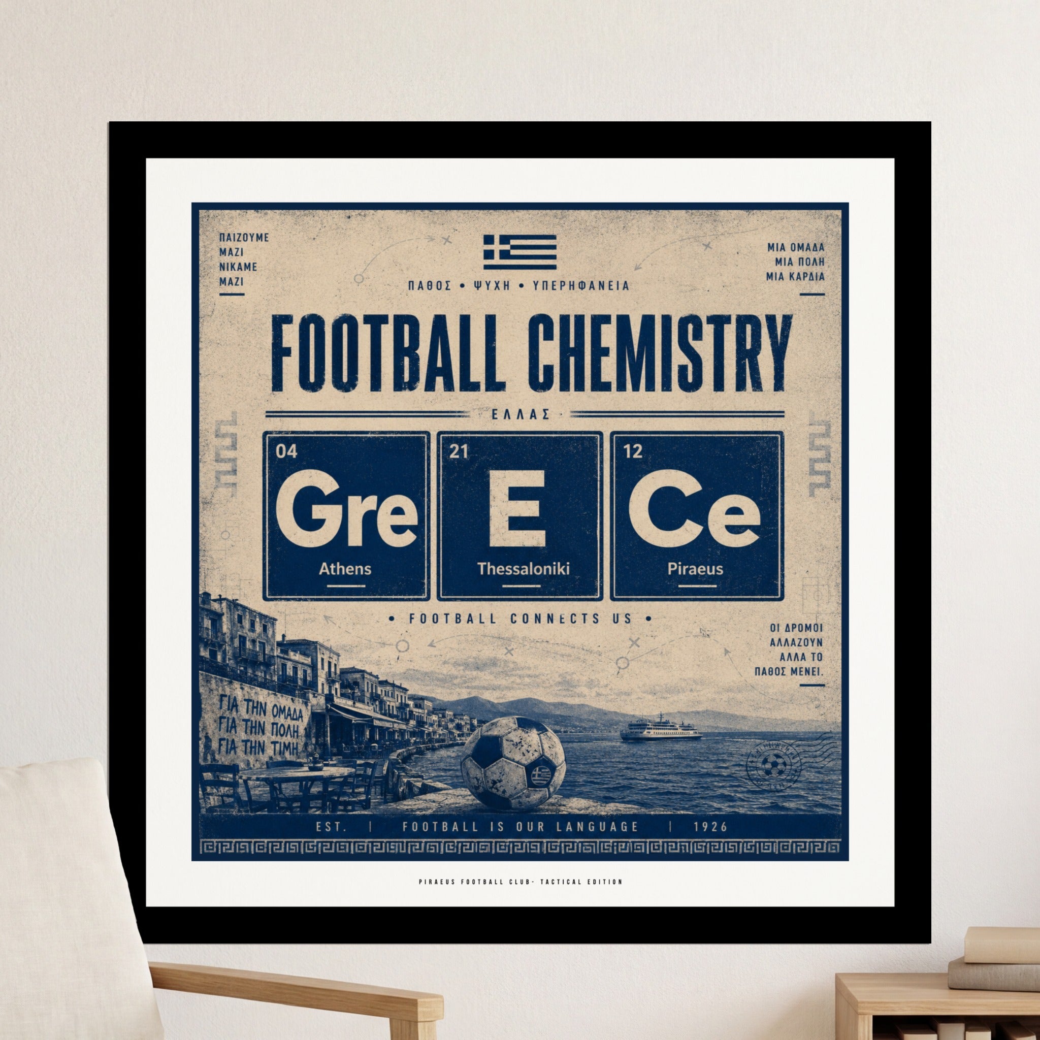 Football Chemistry poster with Greek text, Athens, Thessaloniki, Piraeus, and a soccer scene.