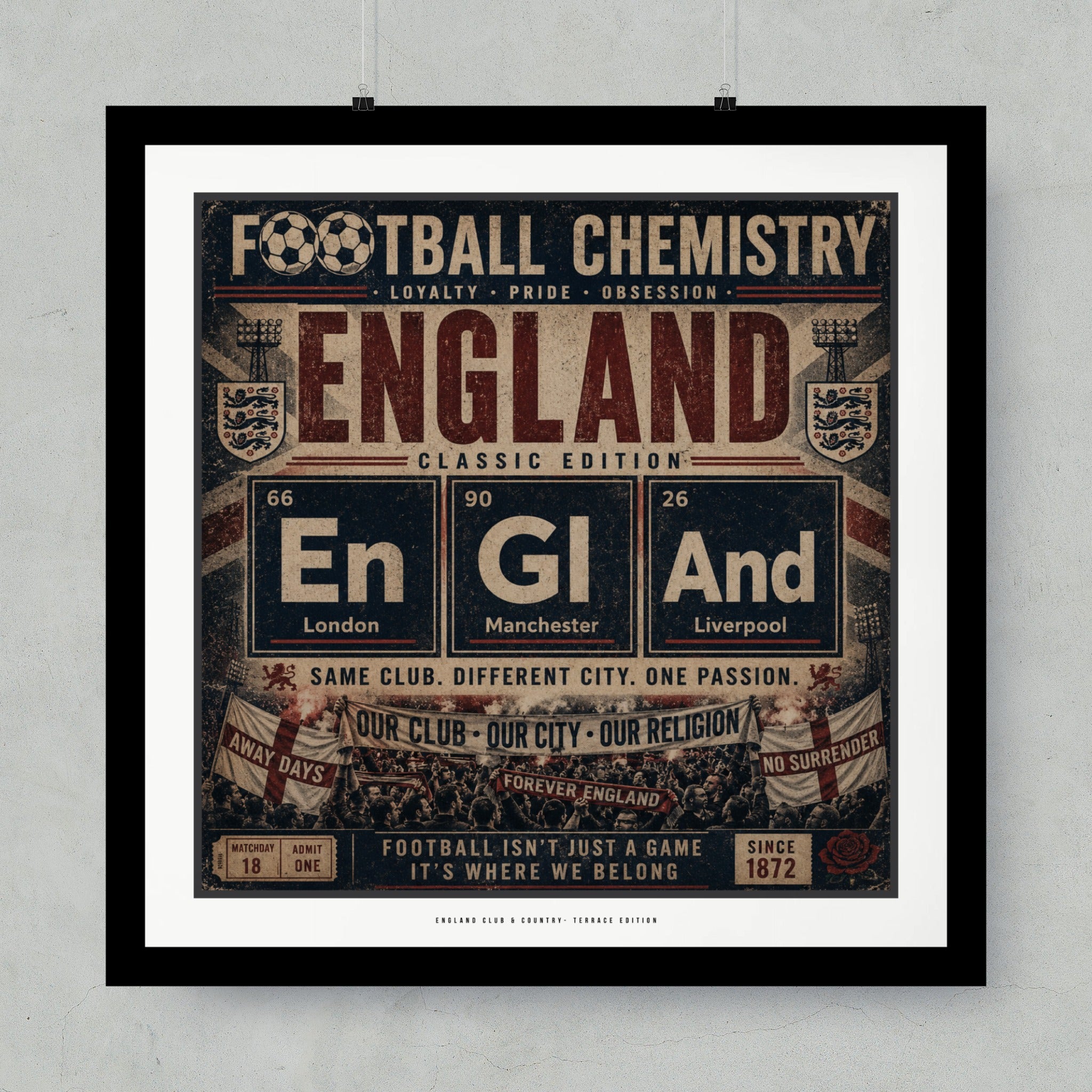 England Football Chemistry periodic table design, Classic Edition, club and city names.