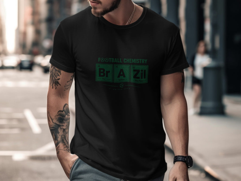 Black t-shirt with "FOOTBALL CHEMISTRY BRA ZIL" in green and white, inspired by the periodic table.