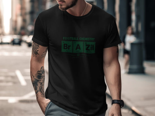 Black t-shirt with "FOOTBALL CHEMISTRY BRA ZIL" in green and white, inspired by the periodic table.