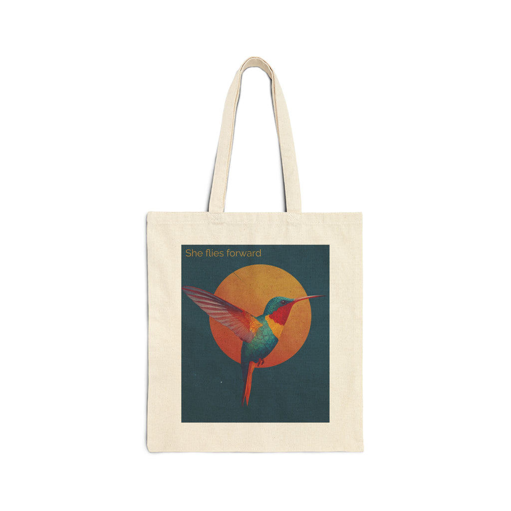 She Flies Forward Cotton Tote Bag | Motivational Graphic Solar Flight