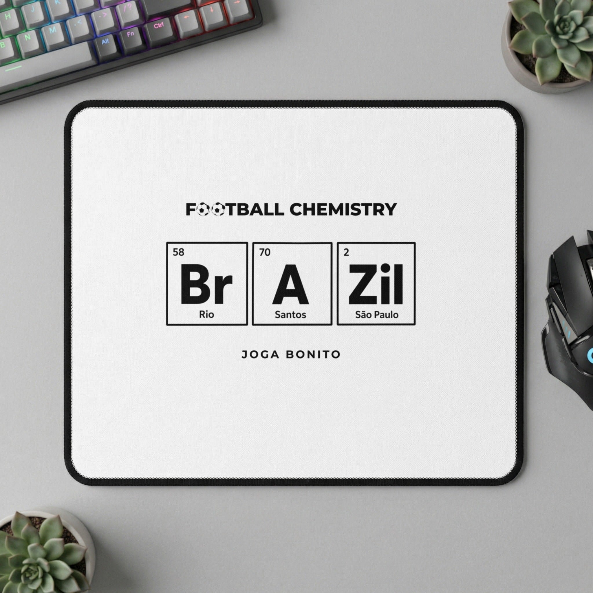 Football Chemistry mousepad with "Br A Zil" in periodic table style and "Joga Bonito".