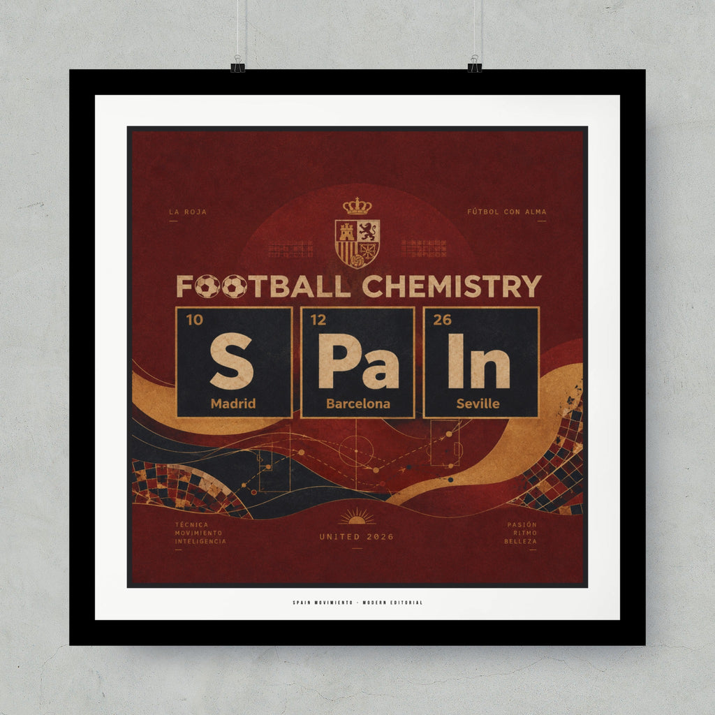 Football Chemistry poster with Spain, Madrid, Barcelona, and Seville in periodic table elements.