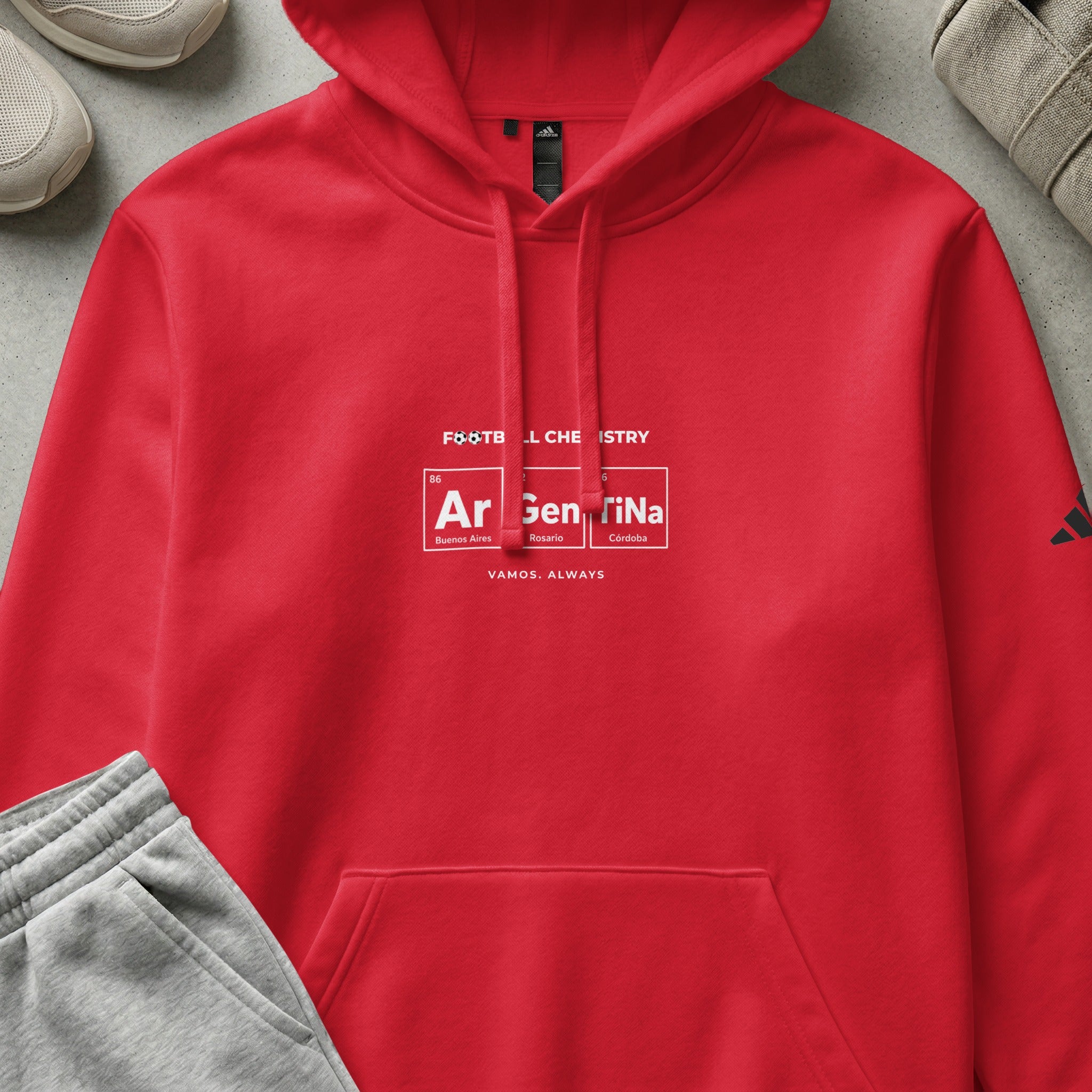 Red hoodie with "Football Chemistry" graphic and Argentina team names.