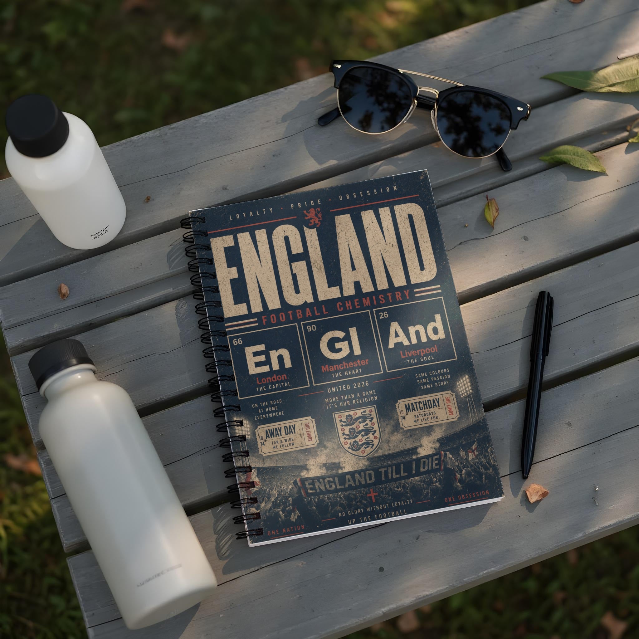 Notebook with England football team information and crest.