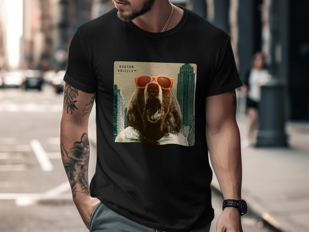 Grizzly bear wearing sunglasses and a shirt, on a black t-shirt.