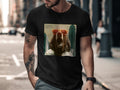 Grizzly bear wearing sunglasses and a shirt, on a black t-shirt.