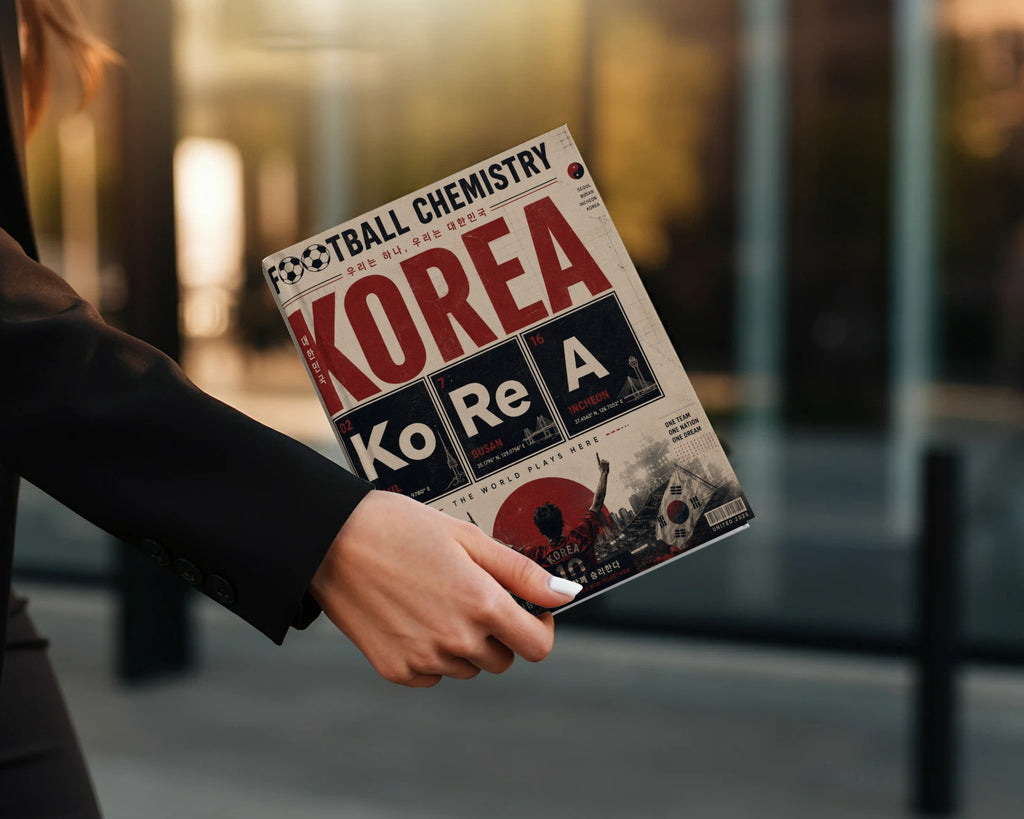 Football Chemistry magazine cover featuring "KOREA" with city coordinates and "United 2026".