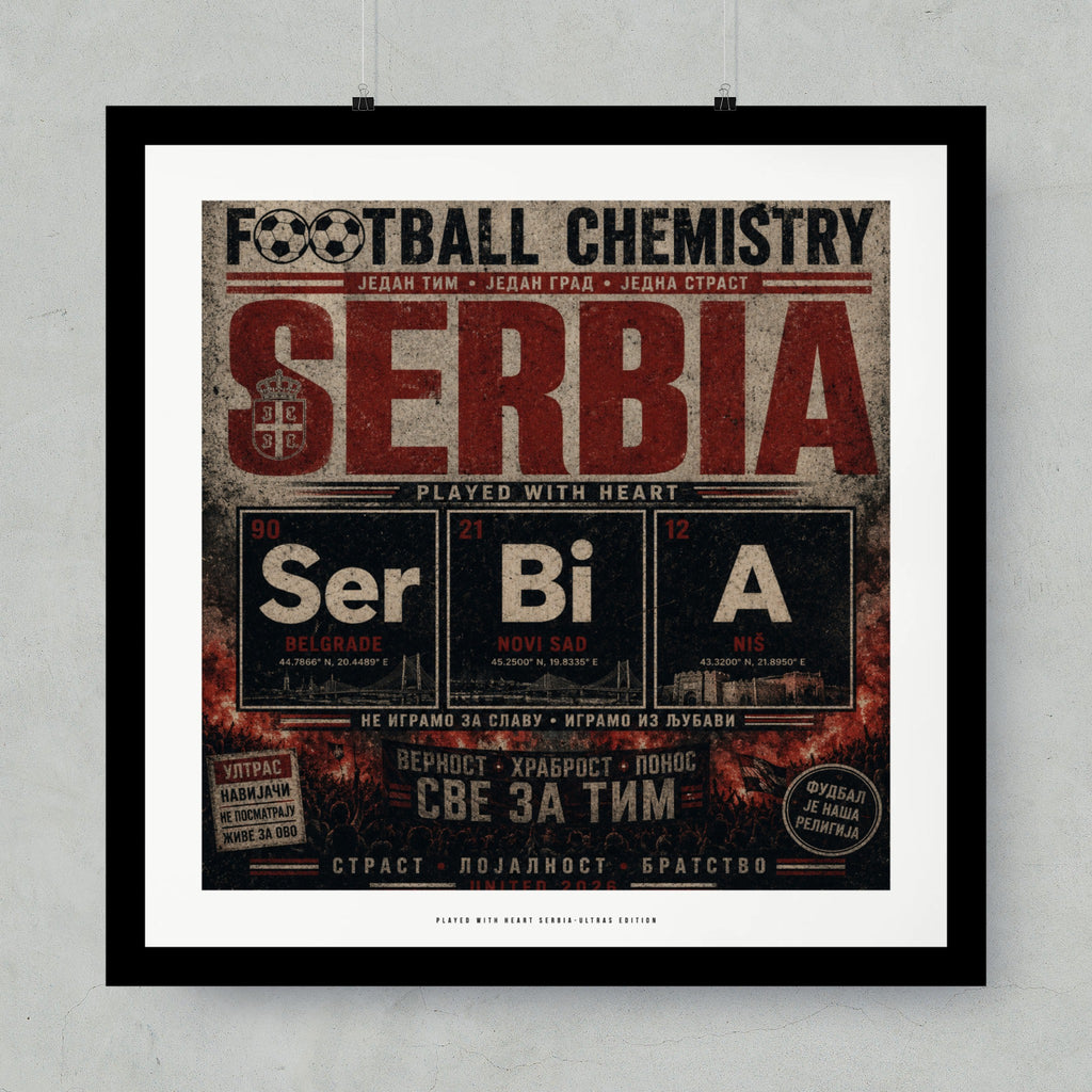 Serbian football chemistry poster with city names and stadium elements.