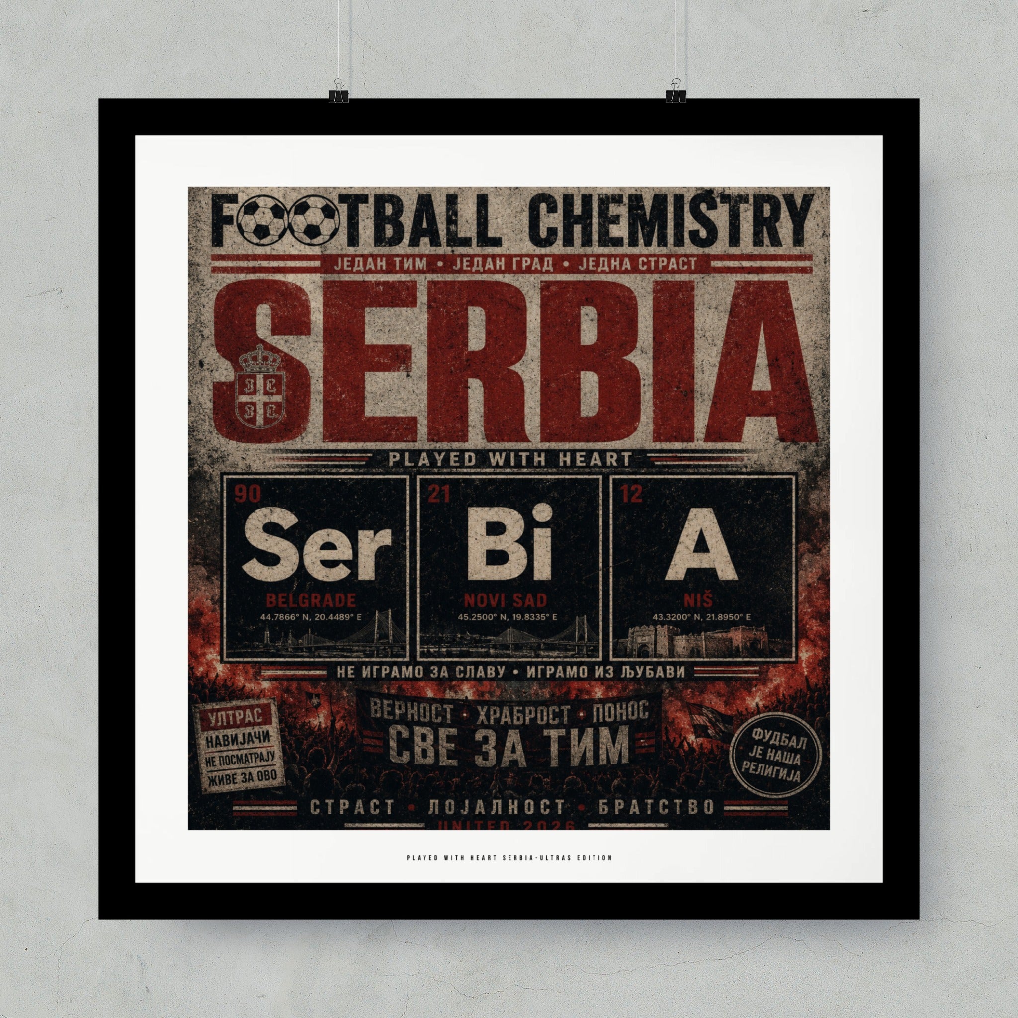 Serbian football chemistry poster with city names and stadium elements.