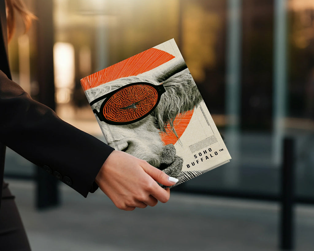 Person holding a book titled "SOHO BUFFALO" with a close-up of a white buffalo's face.