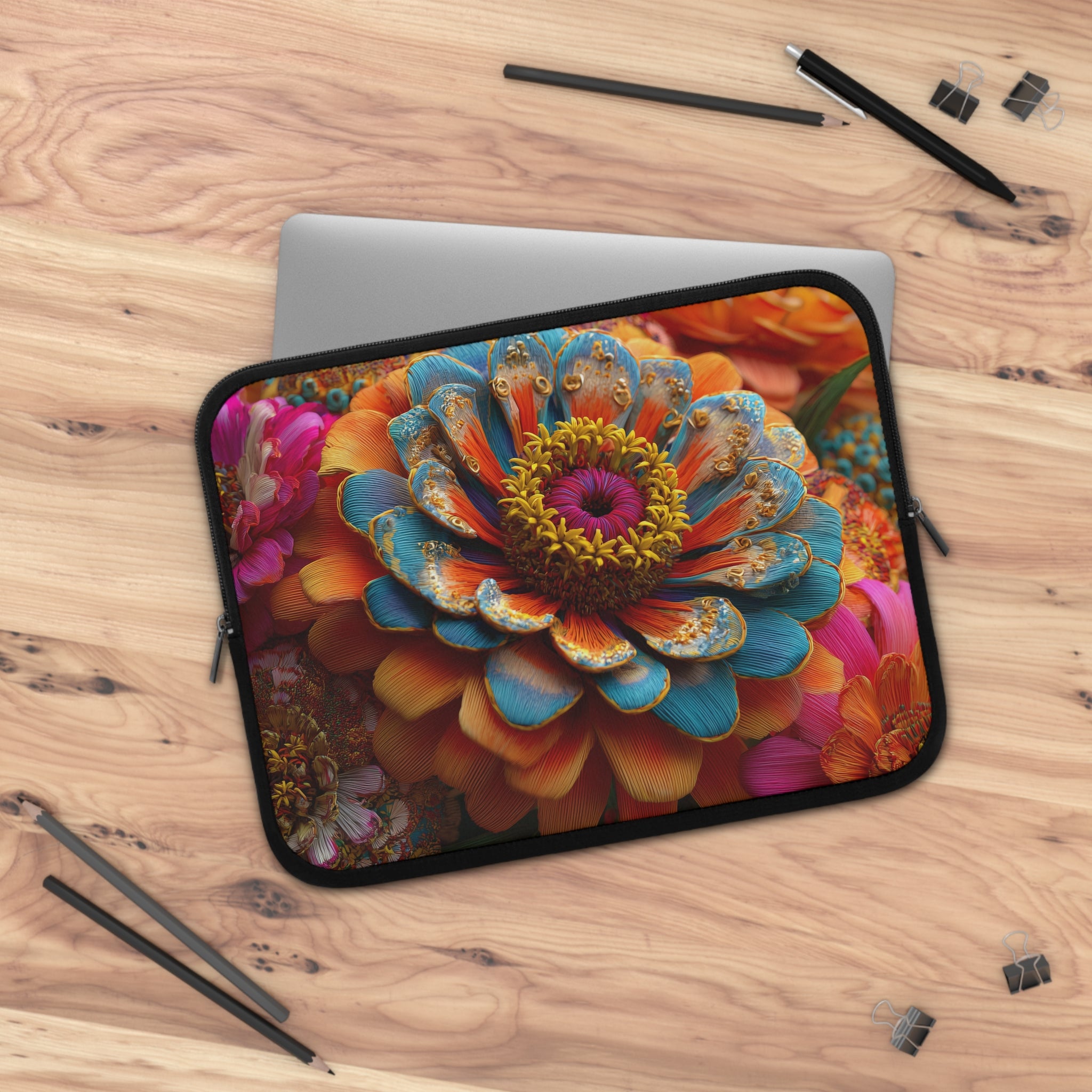 Zinnia Burst Laptop Sleeve - 3D Embroidery-Style Botanical Laptop Sleeve motivational design