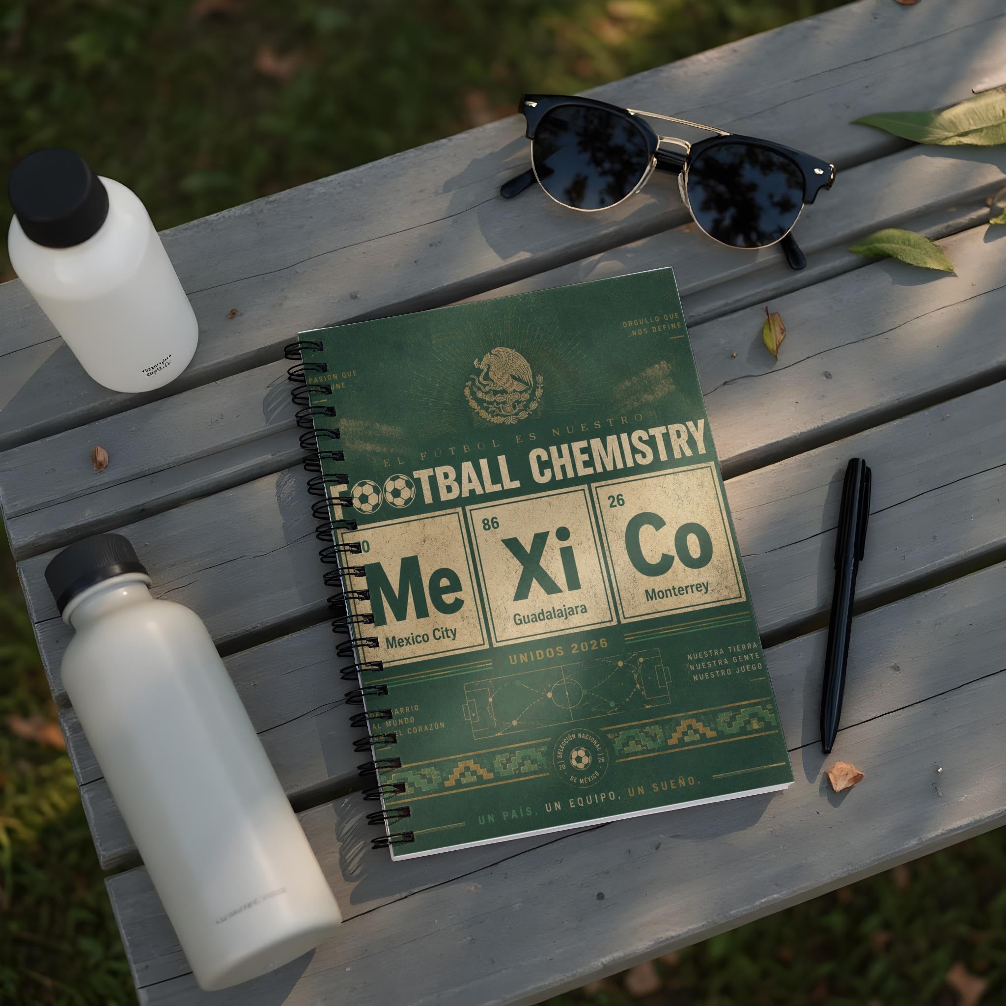 Spiral notebook with "Football Chemistry" and Mexican cities for FIFA World Cup 2026.