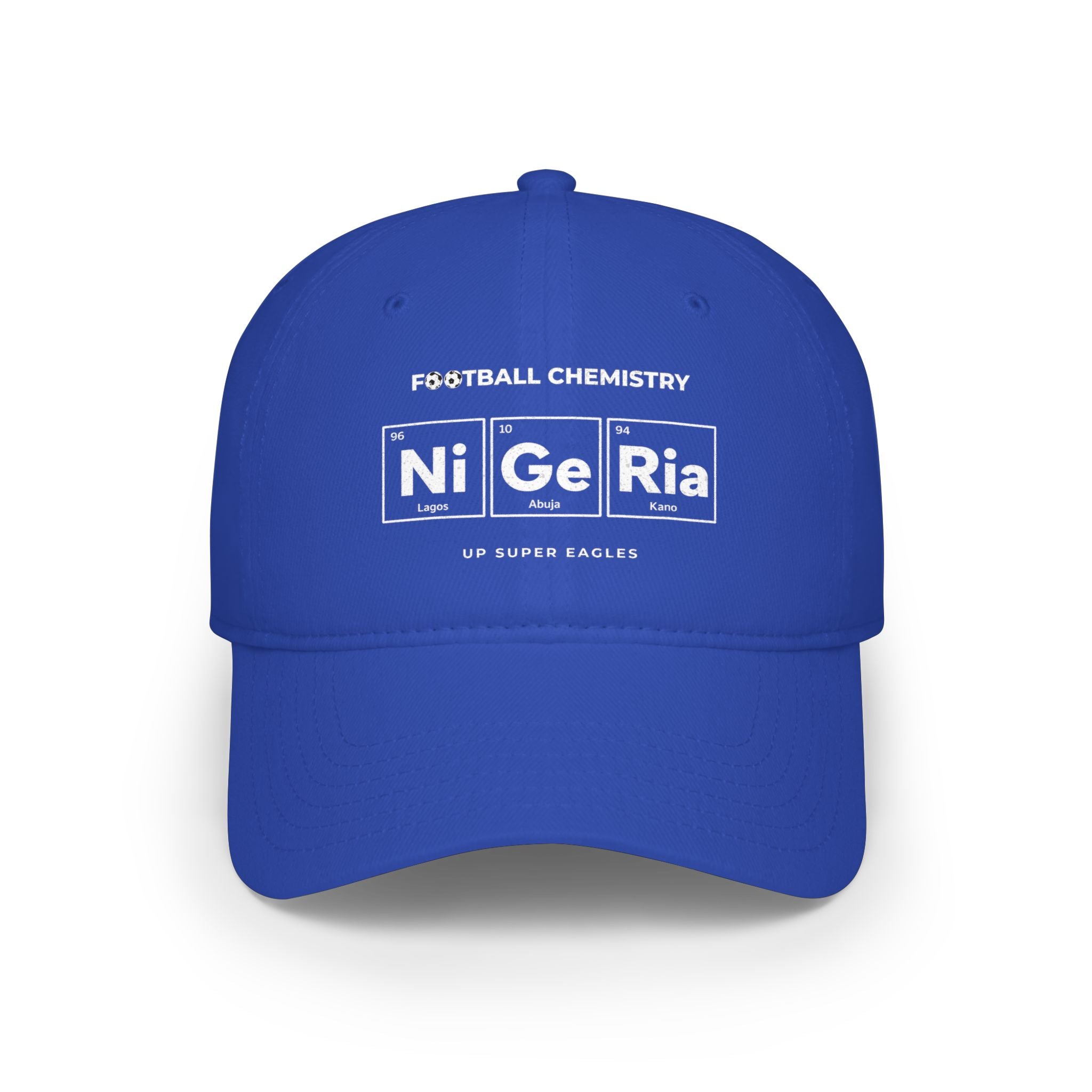 Blue baseball cap with "Football Chemistry" and Ni Ge Ri A periodic table design.