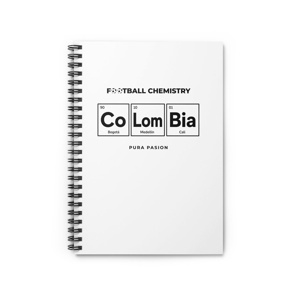 Notebook cover with "Football Chemistry" and periodic table elements for Colombia cities.