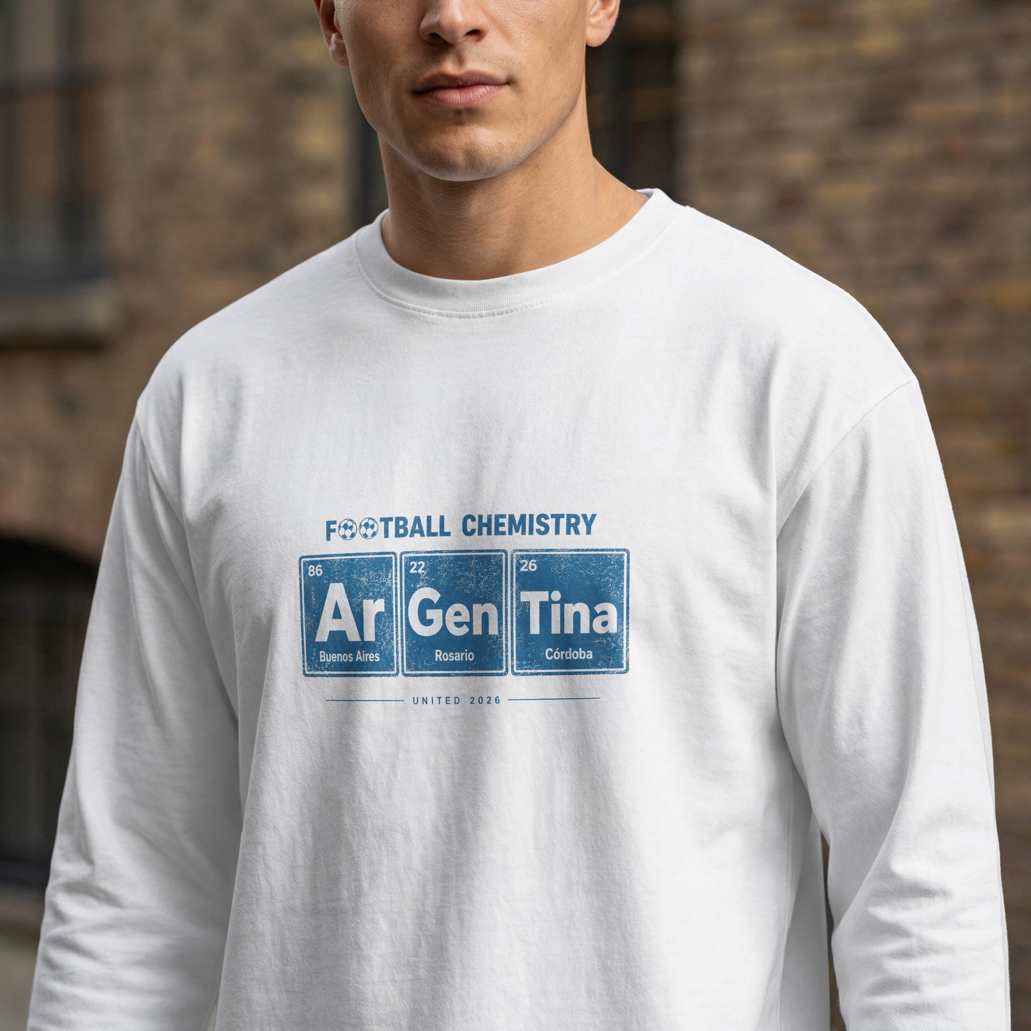 Long-sleeve t-shirt with "Football Chemistry" and "Argentina" in periodic table style.