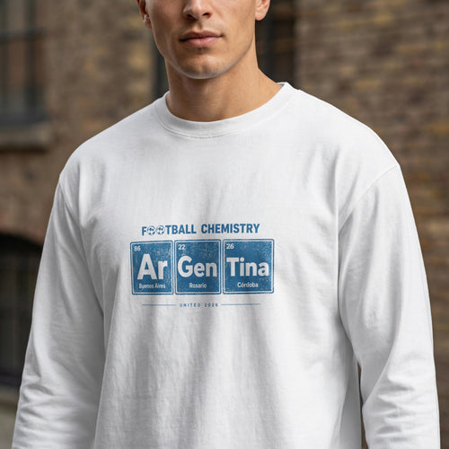 Long-sleeve t-shirt with "Football Chemistry" and "Argentina" in periodic table style.