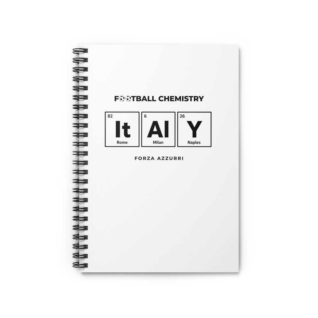 Notebook with "Football Chemistry" and "FORZA AZZURRI" text, featuring elements Rome, Milan, Naples.