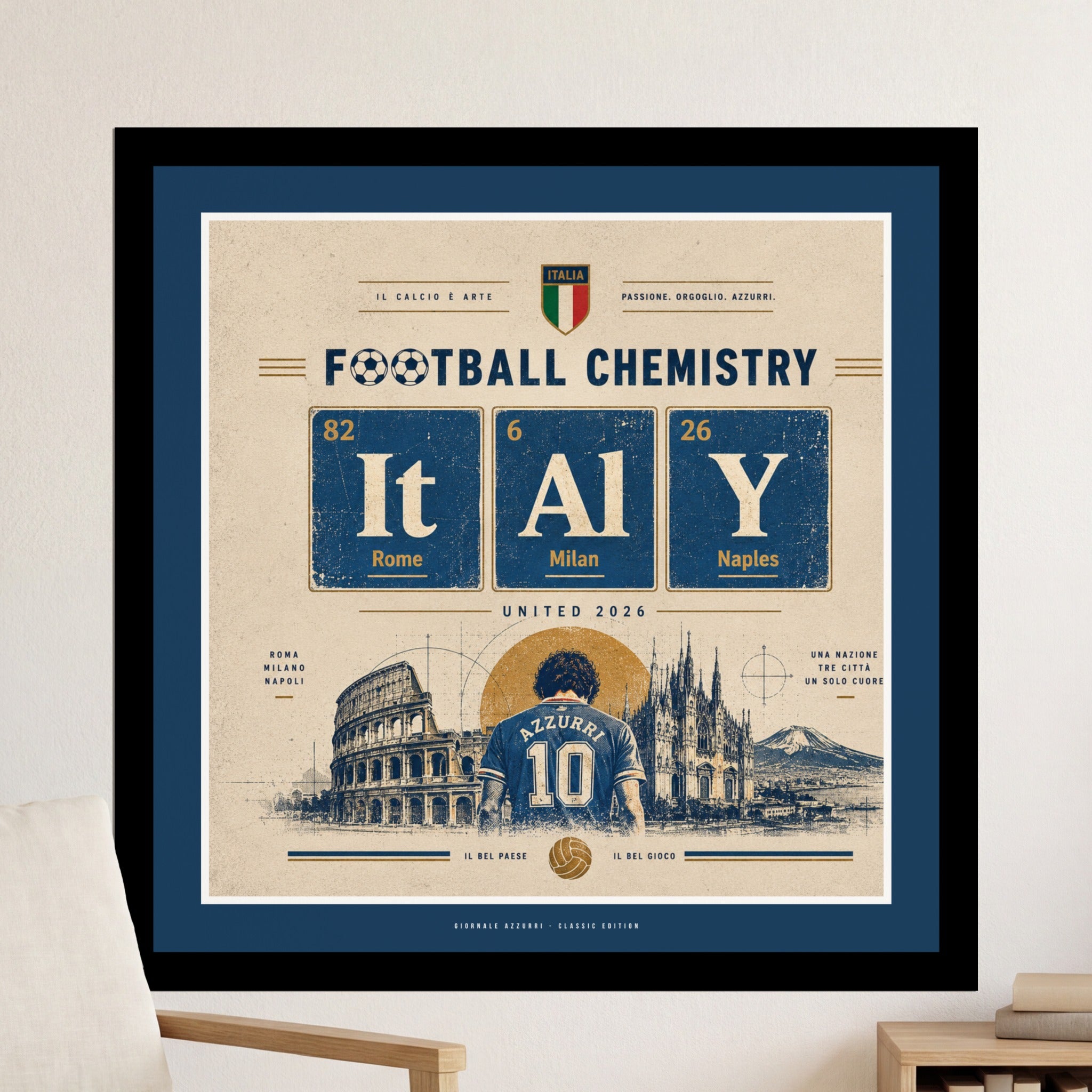 Football Chemistry poster with Italy flag, Roman Colosseum, and city skylines.