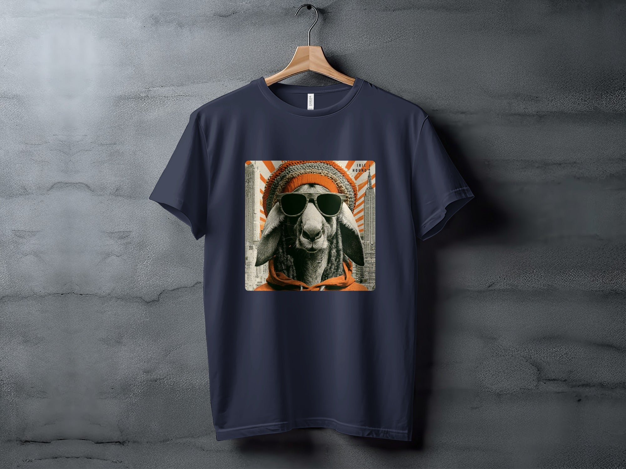 Dark navy t-shirt with a graphic of a sheep wearing sunglasses and a beanie.