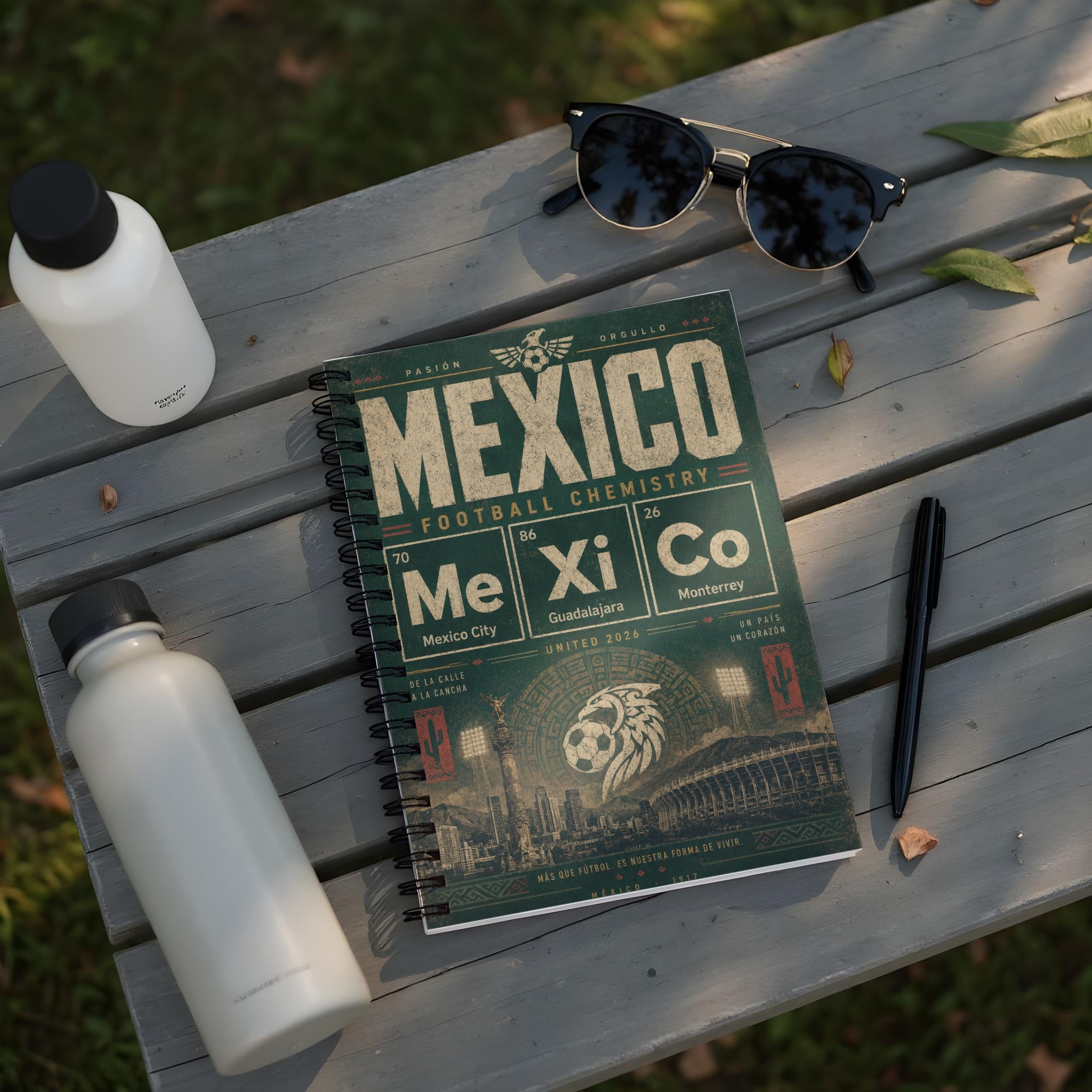 Spiral notebook with "Mexico Football Chemistry" design and city names.
