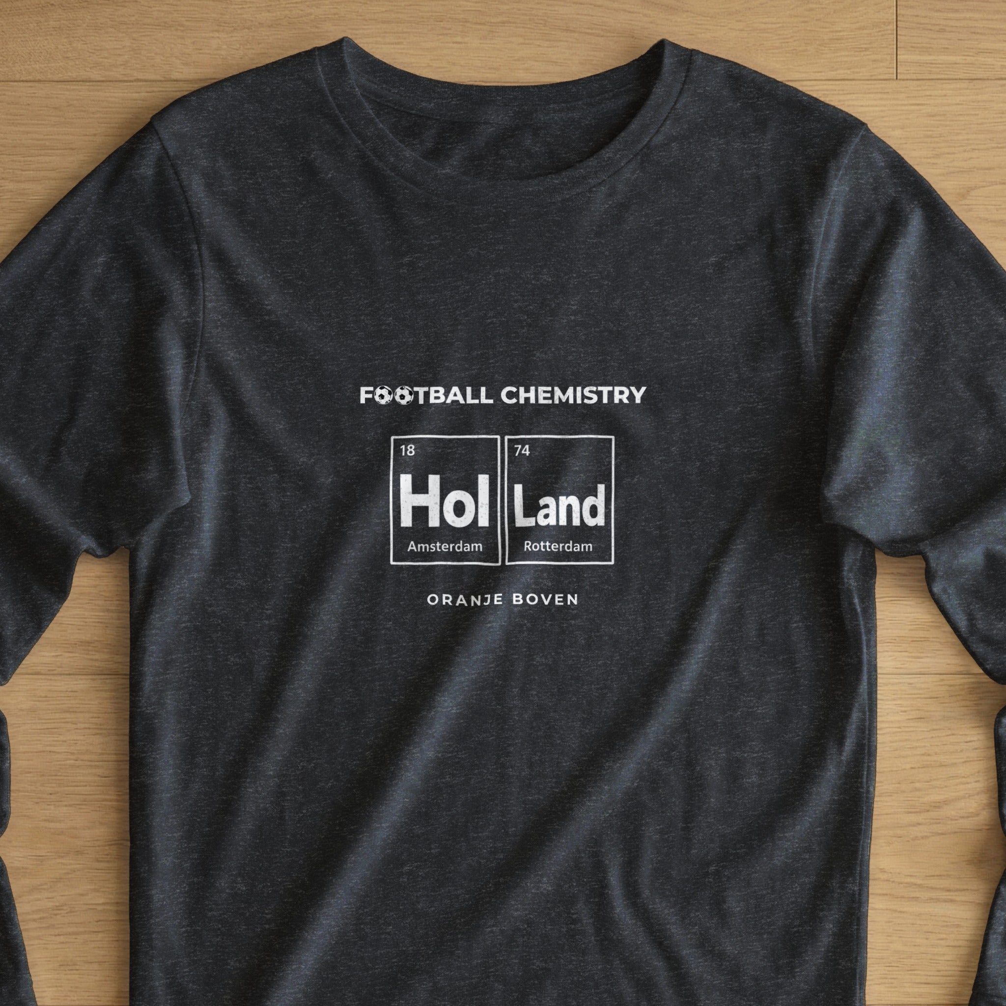 Dark grey t-shirt with "Football Chemistry" and "Hol" and "Land" in periodic table style.