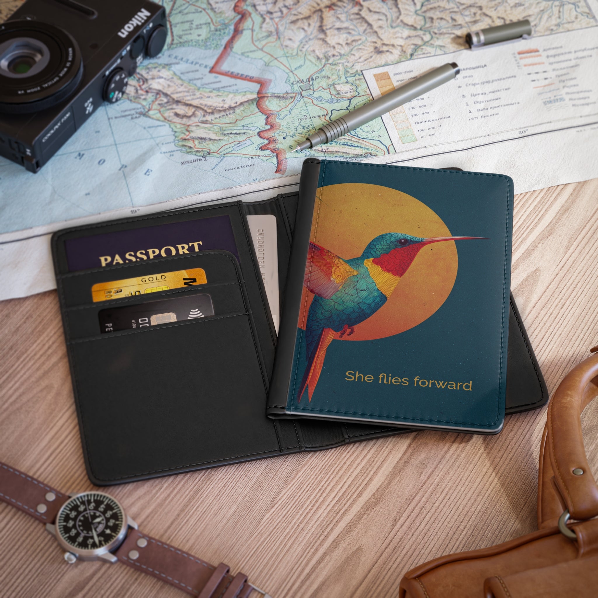 She Flies Forward Passport Holder | Motivational Graphic Solar Flight