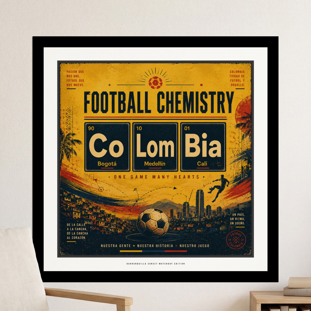 Football Chemistry poster with Colombian cities and soccer imagery.